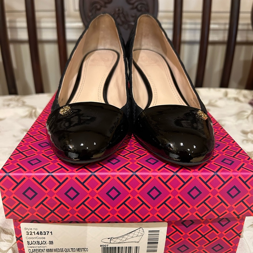 Tory Burch Black Patent Leather Wedges